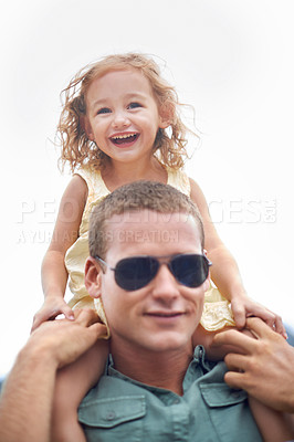 Buy stock photo Happy, man and child in white background, piggyback and bonding together for break and fun on weekend. Family, father and daughter with smile or enjoying holiday, vacation and kid cheerful or laugh