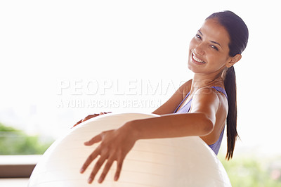 Buy stock photo Happy woman, portrait and fitness with exercise ball for workout in health and wellness at home. Face of female person or yogi with smile for gym equipment, training or pilates on outdoor balcony