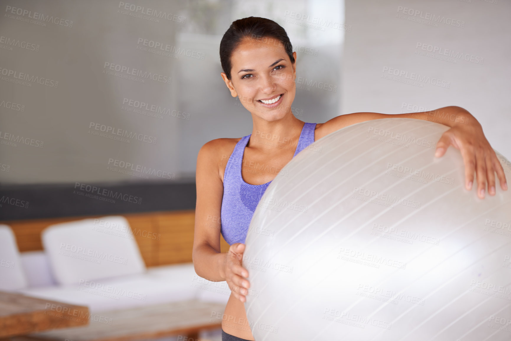 Buy stock photo Happy woman, portrait and exercise with ball for pilates, health and wellness at home. Face of female person or yogi with smile for gym equipment, training or workout in sports or wellbeing at house