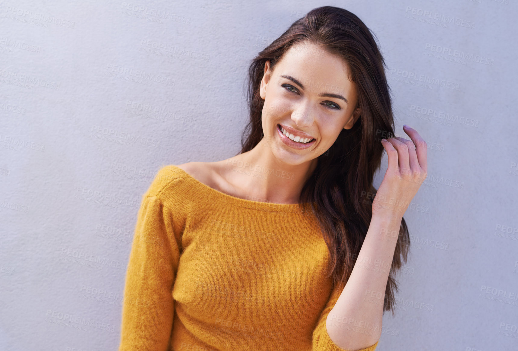 Buy stock photo Portrait, fashion and happy woman on a wall, model or girl isolated on a purple background. Face, smile and beauty of young person in casual clothes, trendy and confident in stylish sweater in Italy