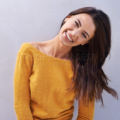 Buy stock photo Portrait, fashion and happy woman on a wall, model or funny girl laughing isolated on a purple background. Smile, face and young female person in casual clothes, trendy or stylish sweater in Italy