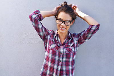 Buy stock photo Woman, glasses or smile in fashion, casual or student aesthetic as happy and cool designer apparel. Gen z, female person or nerd in eyeglasses in contemporary, trendy or checkered shirt on mock up