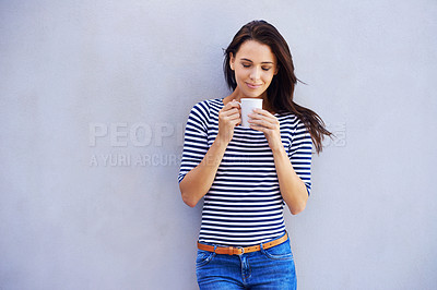 Buy stock photo Woman, student and standing with coffee, break and calm with smile and happiness. Relax, energy or confident female person with beverage cup outside, espresso or latte for drinking and start of day