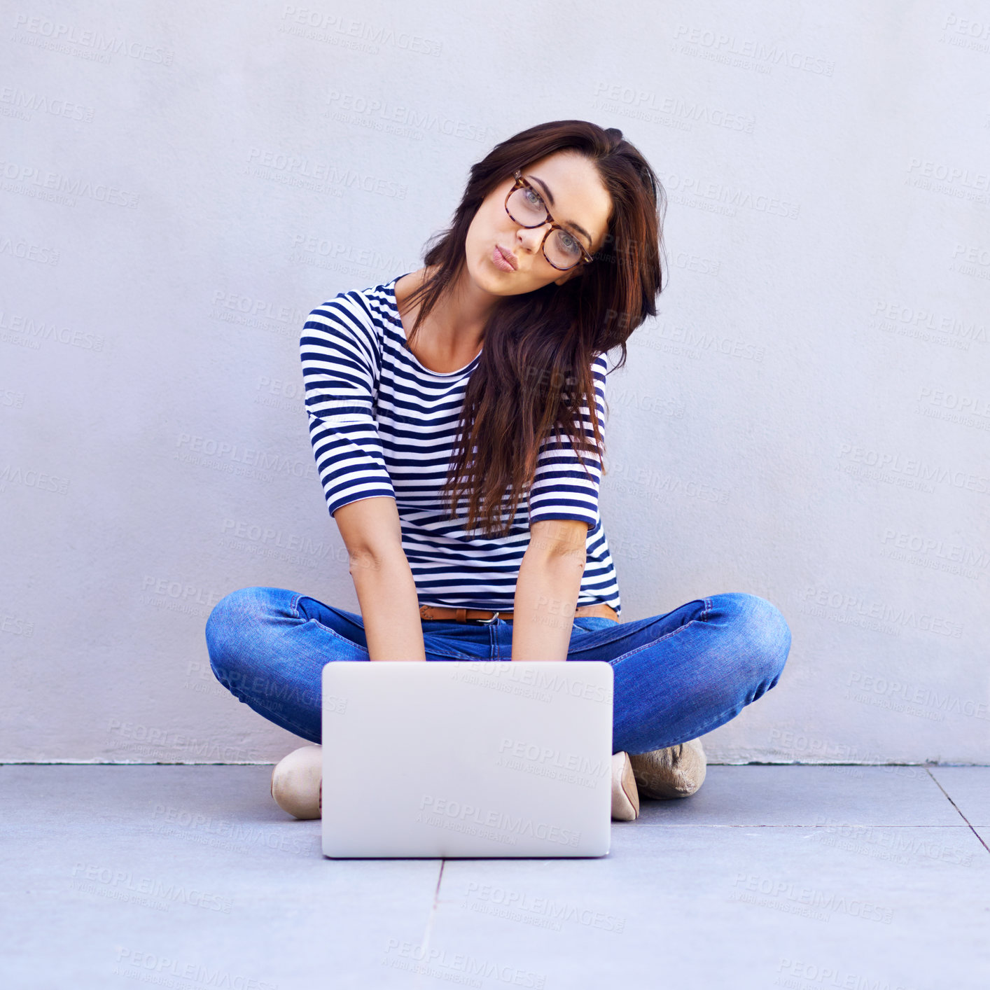 Buy stock photo Portrait, woman and relax on floor with laptop for remote work or freelancing, web browsing and research for idea or project. Female person, casual and computer for internet, social media and blog.