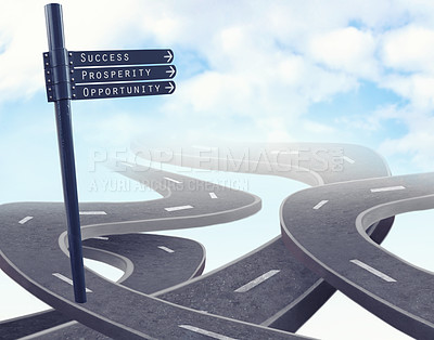 Buy stock photo Highway, road and business decision or future opportunity with crosswalk or career, choice or sign. Street, direction and journey or corporate company growth or pathway split, options or intersection