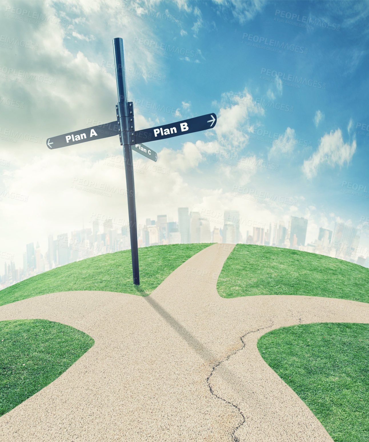 Buy stock photo Illustration of a road split into directions leading to different plans