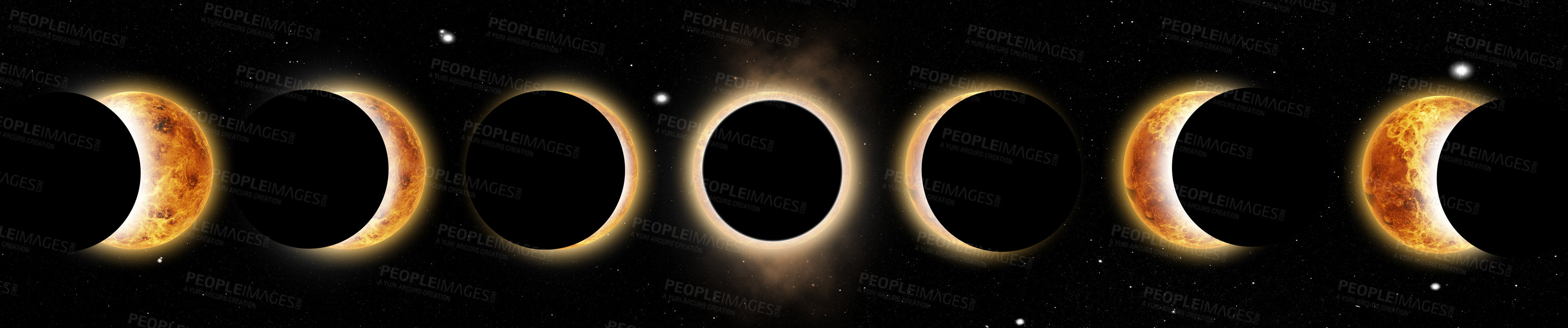 Buy stock photo Universe, solar system with moon in eclipse stages on dark sky, stars and sun with natural light. Galaxy, world and discover to explore on outer space or cosmic elements, planet systems for science