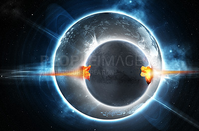 Buy stock photo Universe, outer space and asteroid attack on planet with fire on dark sky, world and solar system. Galaxy, gravity and collision on earth with cosmic elements or environment to discover and explore.
