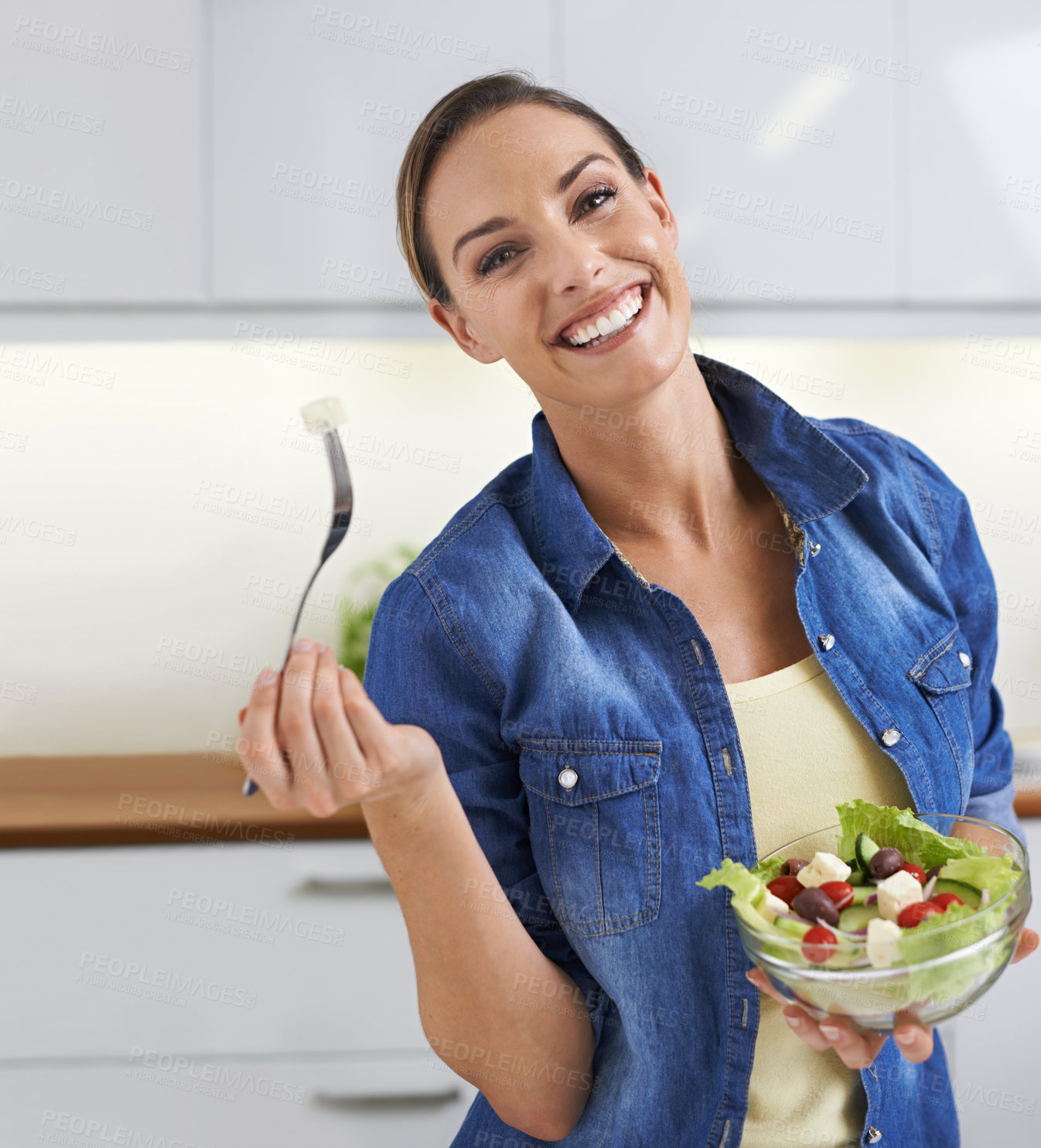 Buy stock photo Happy woman, portrait and kitchen with bowl of salad for natural nutrition, healthy eating or diet at home. Face of female person or vegetarian with smile for vegetables, vitamins or fiber at house
