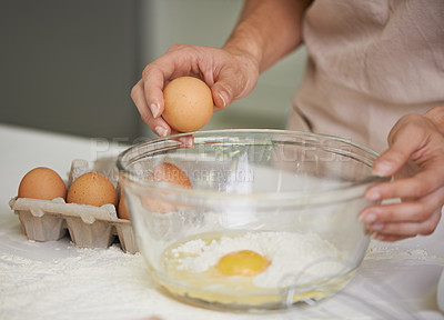 Buy stock photo Hands, person and eggs with bowl, kitchen and flour for baking with whisk. Baker, muffin and food with countertop, apron and mixing for recipe preparation and recreation or hobby at home or house