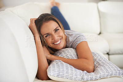 Buy stock photo Portrait, woman and smile with lying on sofa  in living room, break and leisure for wellbeing and satisfied. Female person, home and holiday with pillow on day off to relax, chill and calm on couch