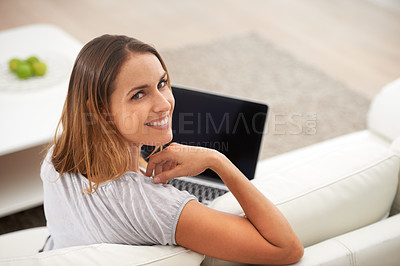 Buy stock photo Portrait, woman or laptop on sofa to search, internet or email in digital, communication or news. Smile, female person or computer to download, online game or meme as ebook, blog or app in home