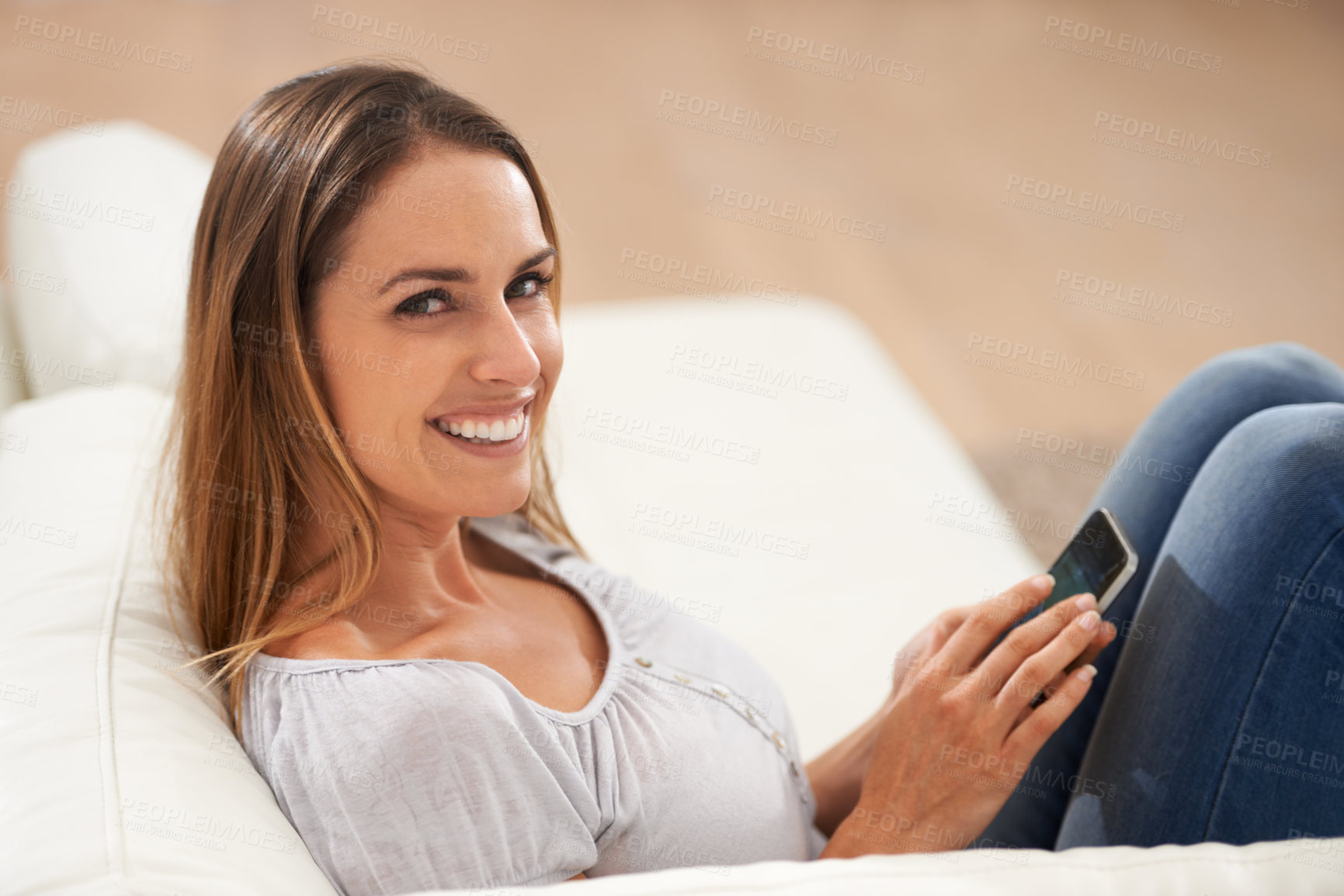 Buy stock photo Portrait, woman or phone on sofa to relax, social media or email in digital, internet or news. Smile, female person or smartphone to contact, search or scroll as meme, blog or communication app