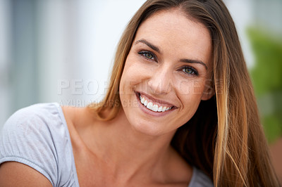 Buy stock photo Portrait, woman and smile in city to relax, calm and healthy in outdoor on weekend break. California, face and lady in nature on summer holiday, closeup and happy for travel leisure in urban town