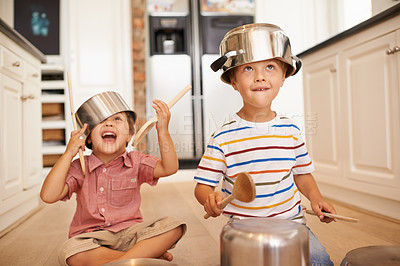 Buy stock photo Smile, pots and playing with children in kitchen for imagination, fantasy and games. Bonding, siblings and happy with kids and kitchenware on floor of family home for music, noise and happiness