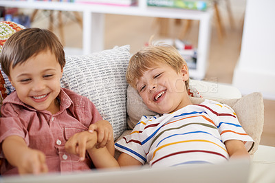 Buy stock photo Laptop, kids and happy siblings on sofa for cartoon, film or streaming funny movie at home. Computer, learning or boy children in house for google it, search or video comic, show or netflix and chill