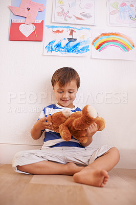 Buy stock photo Floor, smile or child with teddy bear for playing or development and growth in home in playroom. Happiness, activity and playful with a fluffy toy, young toddler kid and fun games for entertainment