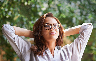 Buy stock photo Vision, thinking and woman outdoor idea, pondering and wondering about creative career, relax and calm on break. Gen z girl, female person and novelist with smile, pensive and in contemplation