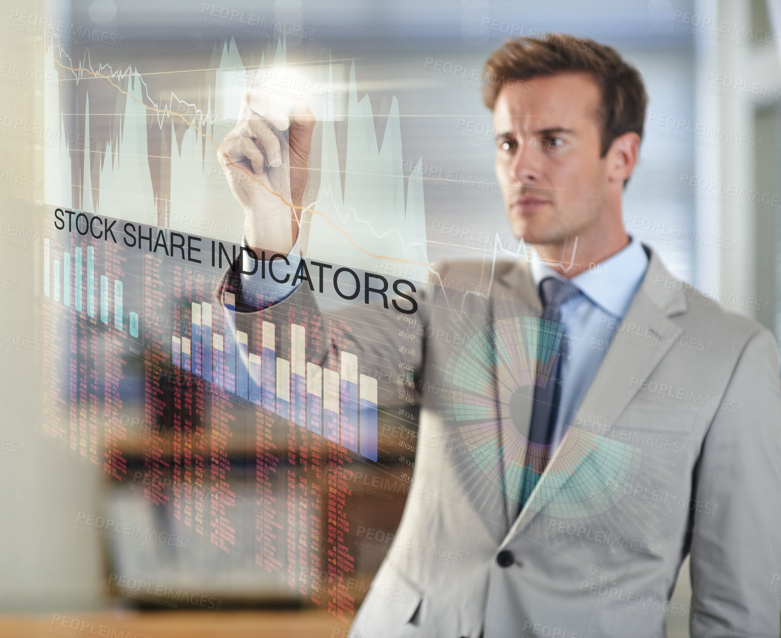 Buy stock photo Business man, chart and writing on screen with statistics, plan or stock market for growth. Interface, technology and professional trader on graphs for finance, data or investment on double exposure