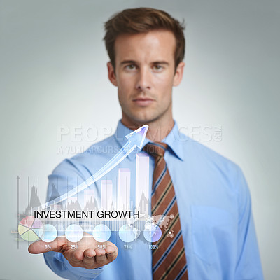 Buy stock photo Businessman, portrait and hologram of analytics with graph of investment growth for corporate company. Studio and person with abstract technology on palm with finance statistics and digital interface