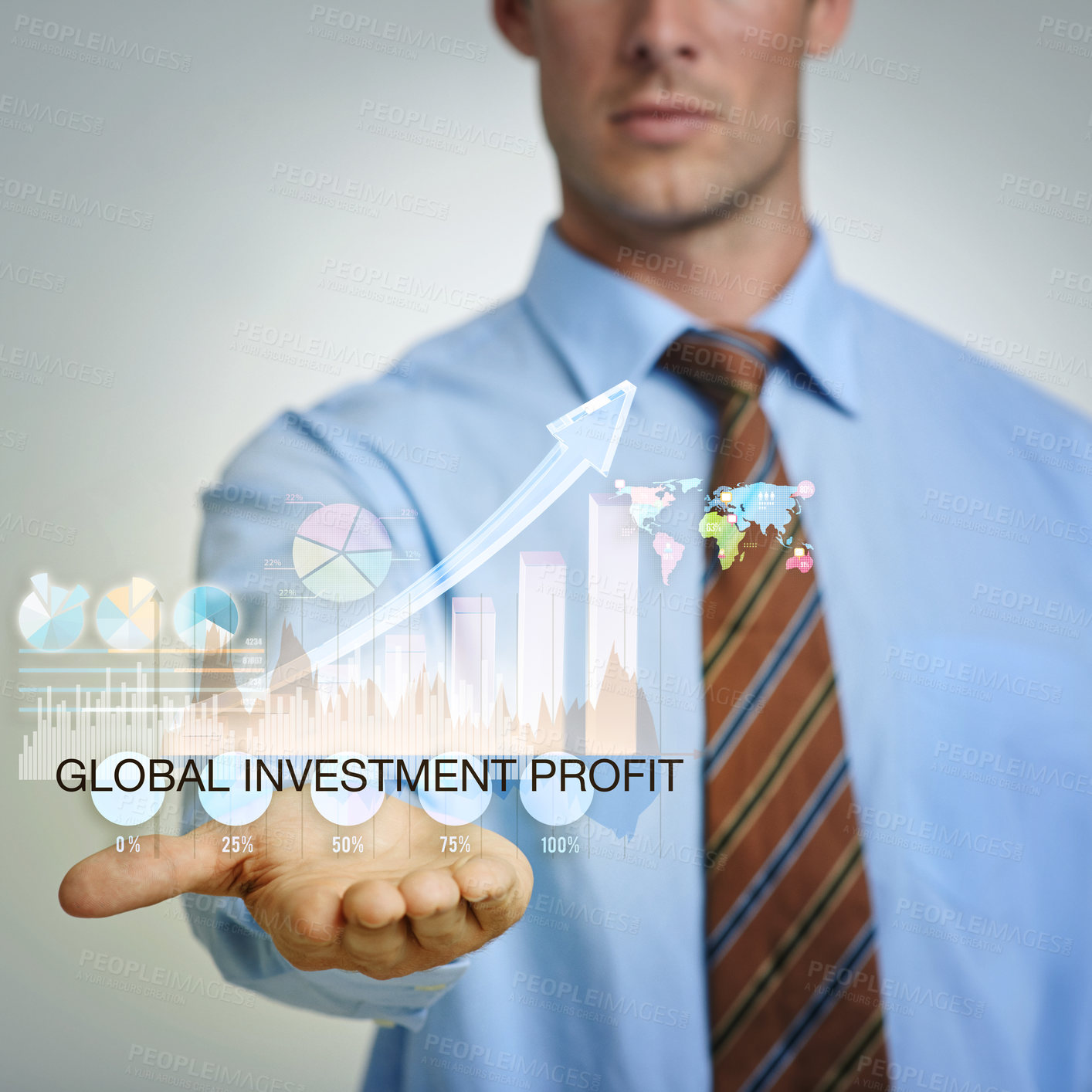 Buy stock photo Professional, hand or show data for statistics, chart or growth of business. Graph, trader or closeup for finance, analysis or investment on stock market in studio isolated on grey background overlay