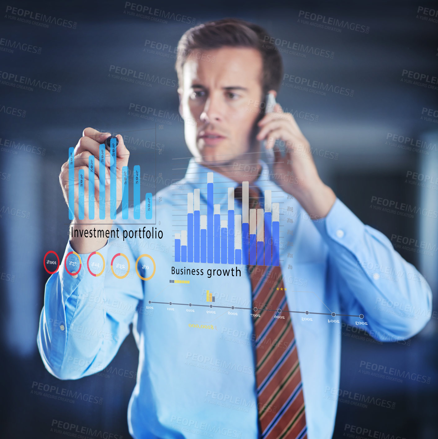 Buy stock photo Businessman, phone call and hologram of analytics with graphs of investment growth for corporate company. Communication with cellphone for finance statistics with abstract tech and digital interface