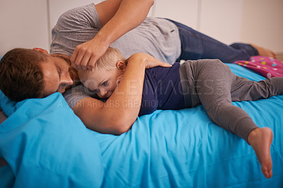 Buy stock photo Boy, hug or dad sleeping in bed for calm peace or dream to relax in a family home with support or love. Father, child and tired single parent on break in bedroom nap for resting at night with a kid 