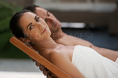 Buy stock photo Portrait, relax and couple at hotel pool with smile, sleep and holiday together at wellness spa getaway. Hospitality, happy woman and man at luxury villa for travel, vacation or love on romantic date