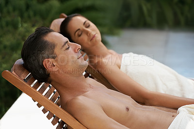 Buy stock photo Relax, sleeping and couple at spa on holiday, vacation and travel at resort, hotel and lodge in San Fransisco. Partners, lovers and people on break together for bonding, love and happiness outdoor