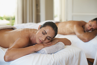 Buy stock photo Couple, massage and rest for relax, skincare and salon with luxury wellness and health. Woman, man and towel with spa, happiness and glow for vacation or holiday with holistic care and peace at hotel