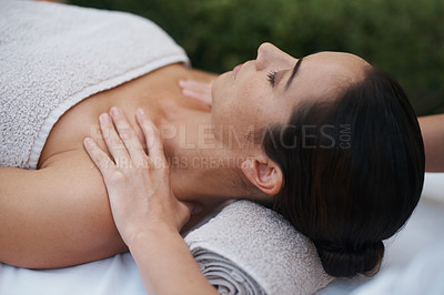 Buy stock photo Spa, woman and hands with massage for wellness at resort, luxury hotel and vacation for relax and therapeutic pamper. People, masseuse or body care with shoulder treatment, hospitality or zen outdoor