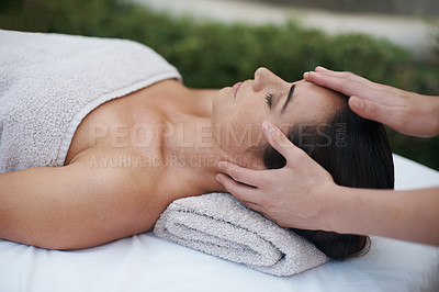 Buy stock photo Spa, woman and hands with massage for relax at resort, luxury hotel and vacation for wellness and therapeutic pamper. People, masseuse and body care with facial treatment, hospitality and zen outdoor