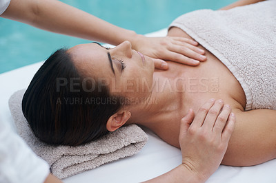 Buy stock photo Hands, woman and luxury at spa for massage, skin care and wellness for health, therapy and peace. Female person, lady and relax for zen, body and tranquil on table, calm and wellbeing near pool