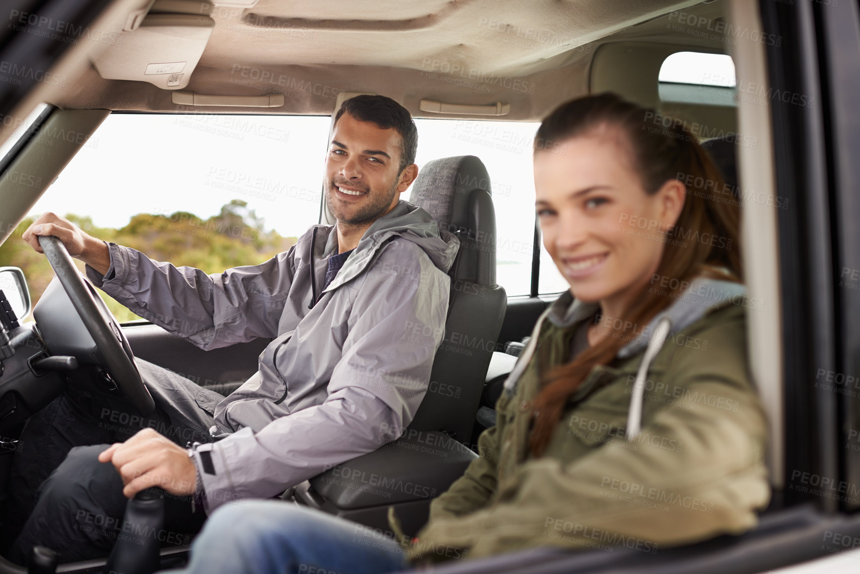 Buy stock photo Couple, man and portrait on road trip with travel for adventure, vacation and anniversary getaway with happiness in nature. Woman, car and driving in vehicle for holiday journey, tourism or honeymoon
