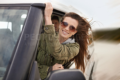 Buy stock photo Woman, fun or car window as excited on road trip or getaway for travel and leisure in New Zealand. Smile, female person or traveler on driving holiday in motor transport as journey of exploration
