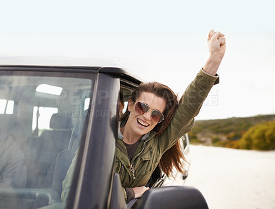 Buy stock photo Woman, excited or window in success on road trip or getaway for travel and leisure in Mexico. Car, female person or traveler for fist on driving holiday in motor transport as journey of exploration