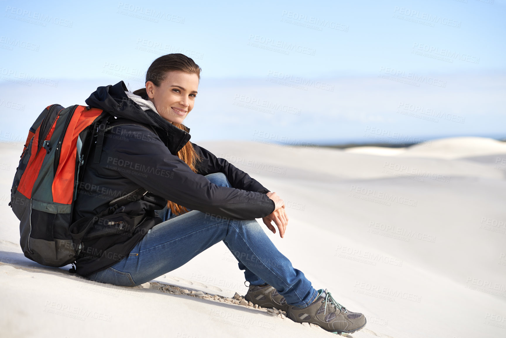 Buy stock photo Portrait, sand dunes or woman in nature to relax for adventure, desert landscape and travel for holiday. Break, hiking or nomad explorer in Sahara terrain, outdoor and dry climate for view or scenery