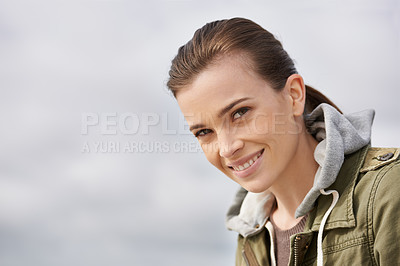 Buy stock photo Happy woman, portrait or person in nature for travel holiday in outdoor or peace for wellness in overcast weather. Athlete, smile face or healthy vacation in environment in oman or leisure of tourist