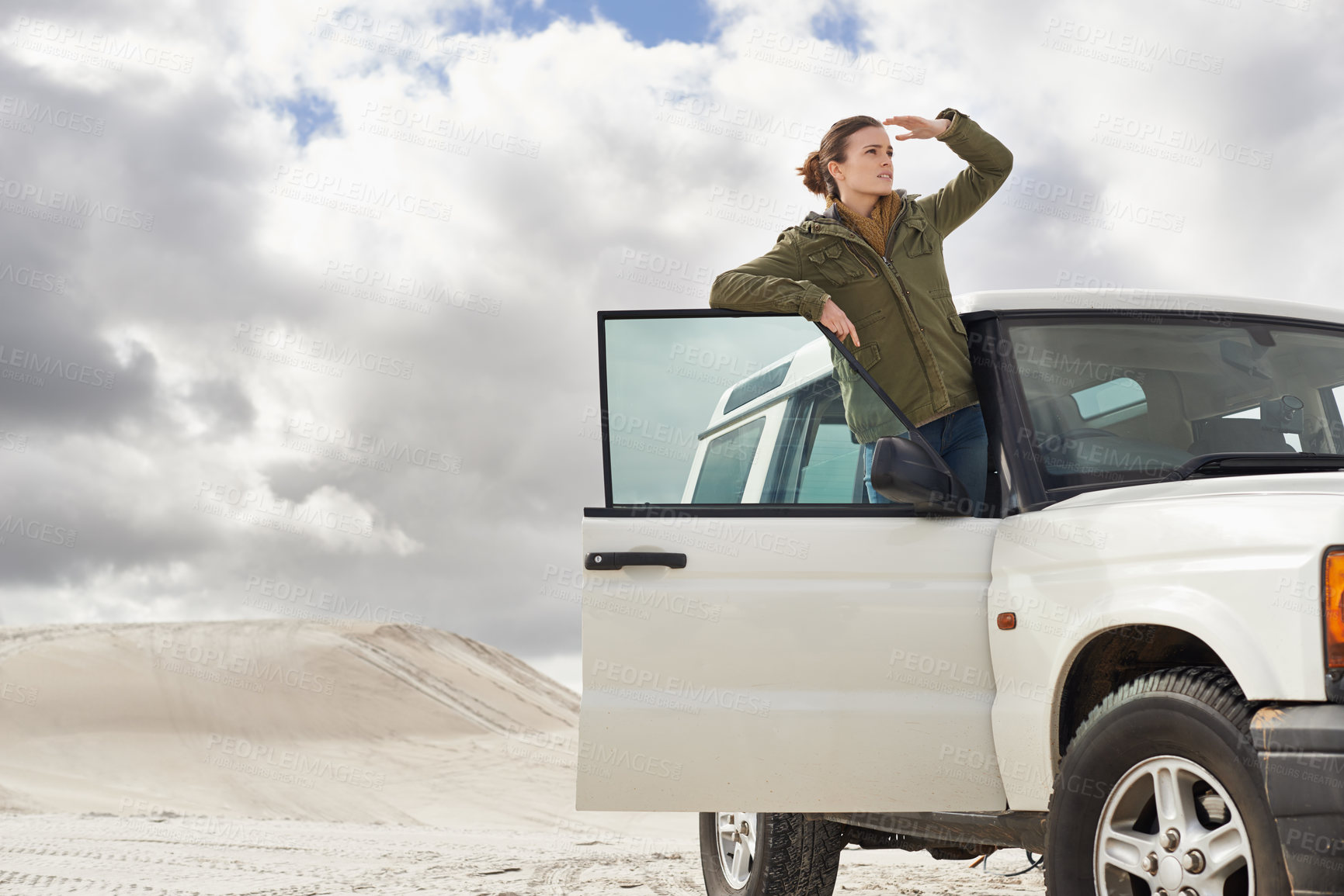 Buy stock photo Car, road trip and woman in a desert for location, search or holiday, adventure and exploration. Travel, stop and female person with vehicle in Egypt for sand dunes journey, nature or waiting outdoor