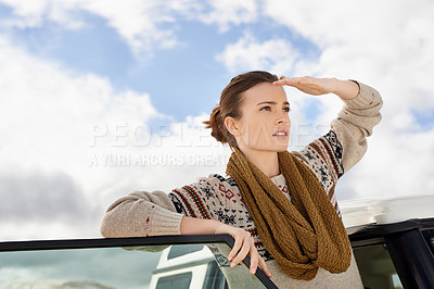 Buy stock photo Road trip, car and thinking woman outdoor for view, location search or holiday, adventure and exploration. Travel and female person with vehicle in outside for route, planning or idea for journey