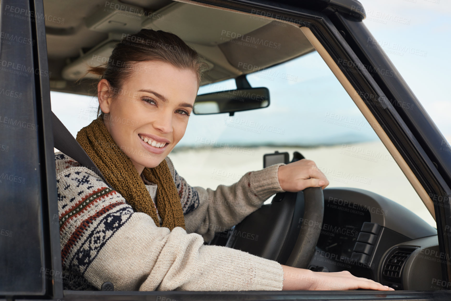Buy stock photo Portrait, woman or car window on adventure as exploration, travel or sightseeing in South Africa. Confident, female person or driver in motor transport for road trip as leisure, recreation or tourism