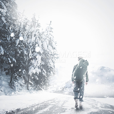 Buy stock photo Rearview illustration of a man walking down a snowy road