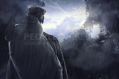 Buy stock photo Man, forest and camping with survival in storm, thunder and shelter of lightning in outdoor environment. Camper, backpack and view in nature with rain, back and hiking in dangerous weather conditions