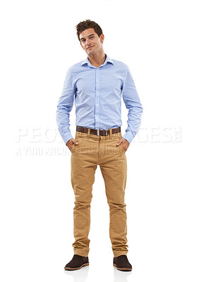 Buy stock photo Confident, fashion and portrait of a man in a studio with a luxury, business and corporate outfit. Handsome, style and full length of a stylish male model posing while isolated by a white background.