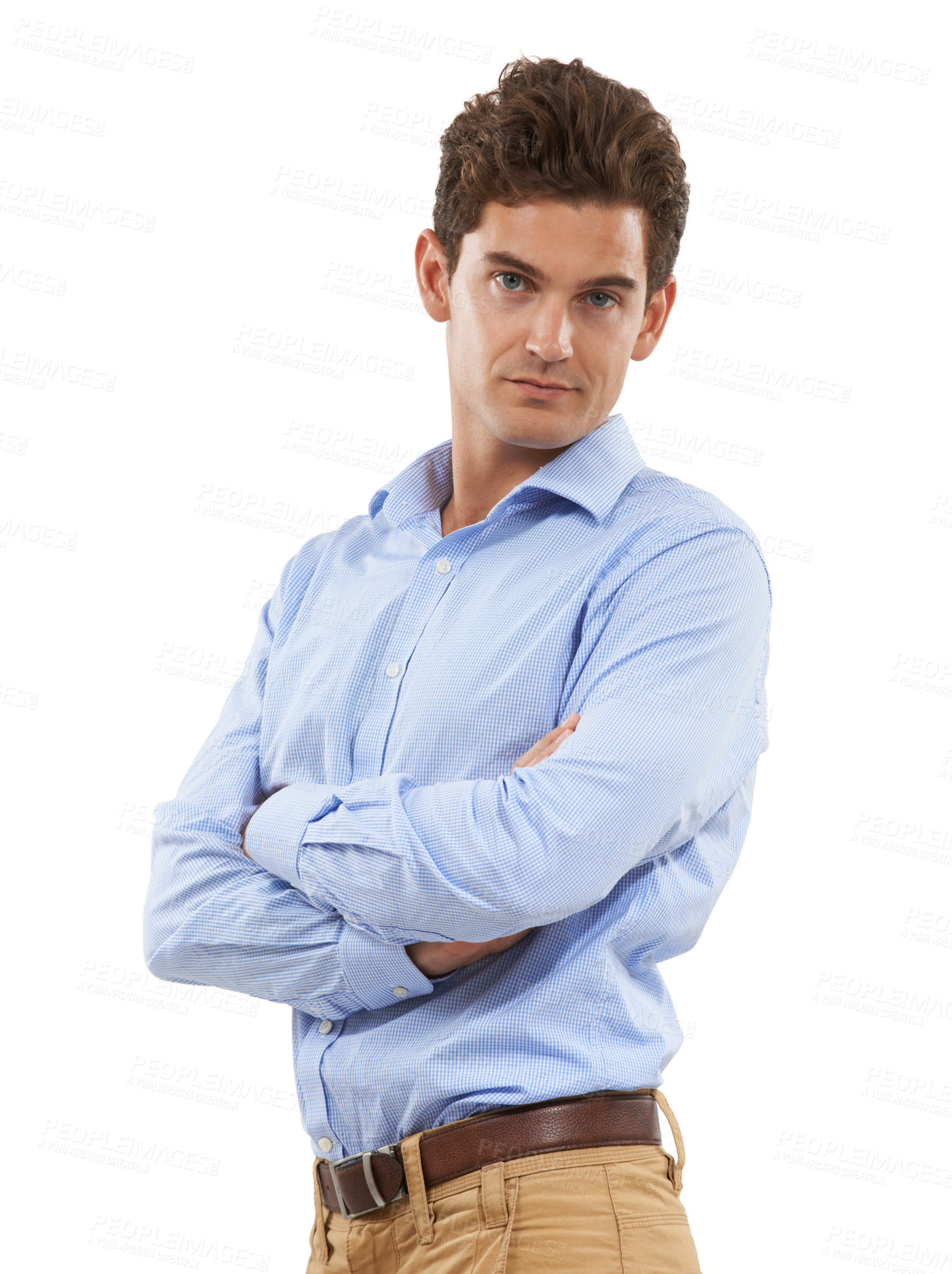Buy stock photo Confidence, crossed arms and portrait of a man in studio with a corporate, business and formal outfit. Leadership, professional and male model standing with serious face isolated by white background.