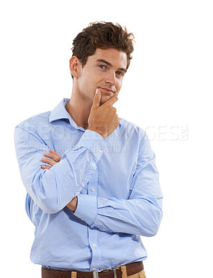 Buy stock photo Thinking, portrait and businessman wondering a decision and contemplating isolated in a studio white background. Young, handsome and professional male entrepreneur with a serious question