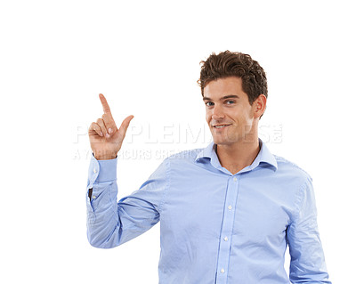 Buy stock photo Portrait, smile and man pointing up at mockup space for product placement for marketing or advertising. Hand gesture, idea and happy model showing new deal announcement in studio on white background.