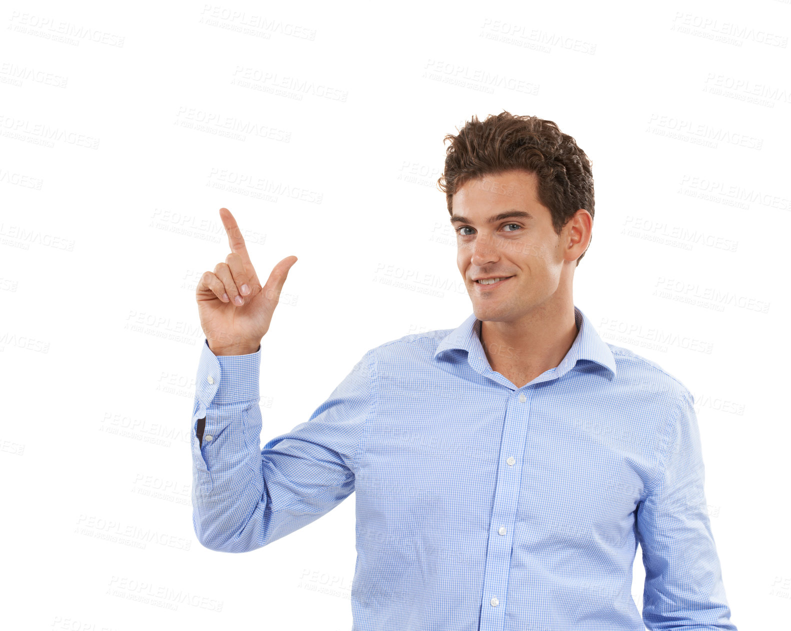 Buy stock photo Portrait, smile and man pointing up at mockup space for product placement for marketing or advertising. Hand gesture, idea and happy model showing new deal announcement in studio on white background.