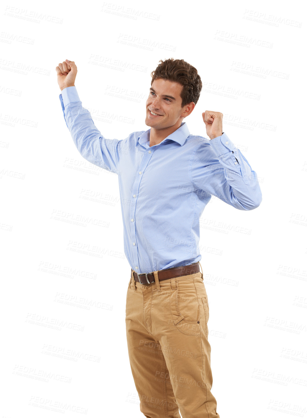 Buy stock photo Winner, fist pump and man isolated on a white background for winning, success and celebration bonus, yes and smile. Celebrate, goal achievement and cheering business person or excited model in studio