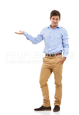 Buy stock photo Portrait, isolated and man presenting space for product placement for marketing or advertising. Mockup, hand gesture and happy model showing info for deal in studio on white background.